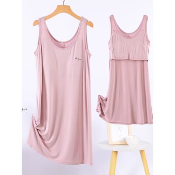 莫代爾帶胸墊女士背心裙bra睡裙女寬松版免文胸中長款過膝家居服