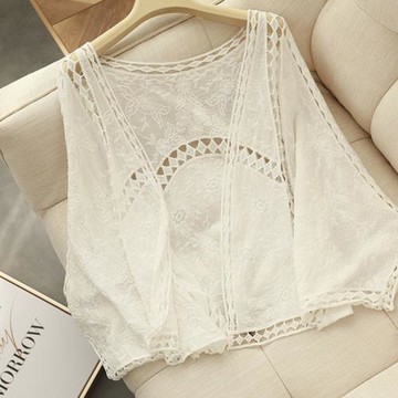 2024春夏新款小清新少女心白色鏤空刺繡披肩蕾絲防曬衣外搭小開衫