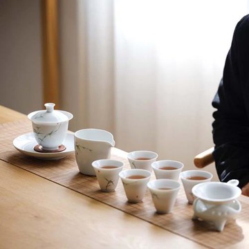 景德鎮青竹功夫茶具套裝純手繪釉下彩整套白瓷陶瓷蓋碗套裝