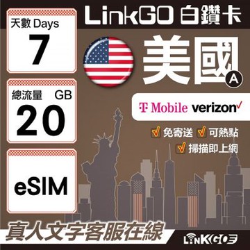 LinkGO白鑽卡美國A eSIM卡 7天上網卡 總流量20GB  高速流量(美國網卡 舊金山 洛杉磯 紐約 西雅圖)