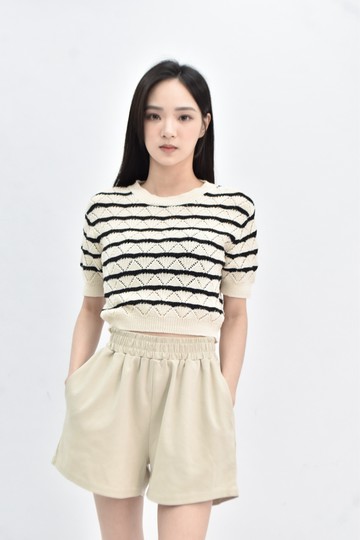 (S) 【catherine私服】質感針織條紋杏色短袖上衣