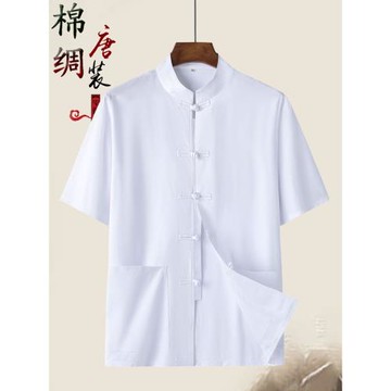 中老年人夏季純棉綢短袖上衣服唐裝男士休閑爸爸爺爺裝60-70-80歲