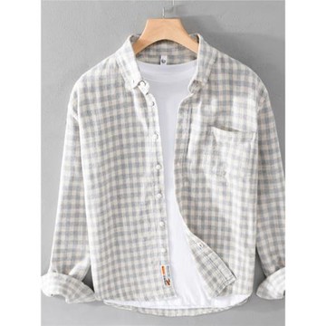 春秋季日系復古高級感磨毛格子襯衣男寬松休閑純棉長袖襯衫外套潮