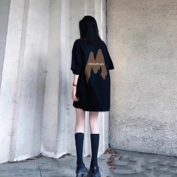 黑色下衣失蹤歐貨大版短袖t恤女2025新款夏季寬松中長款潮牌體恤