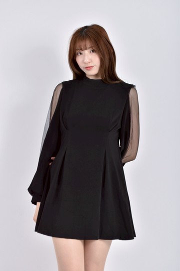 (S) hennu質感紡紗長袖黑色洋裝