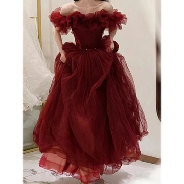 敬酒服新娘2025新款酒紅色高級感回門服訂婚結婚一字肩禮服裙夏季