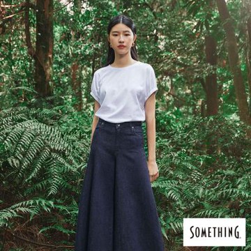 SOMETHING 女裝 雙色拼接抽鬚丹寧寬褲-原藍色