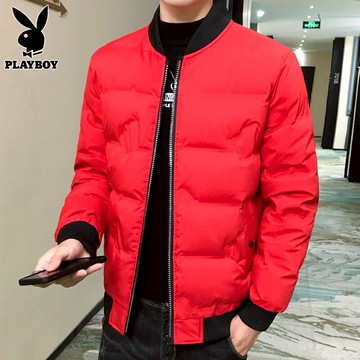 花花公子輕薄羽絨服男士2021年新款加厚休閑冬季紅色棒球領外套男