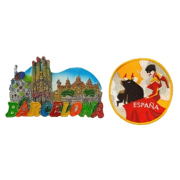 A-ONE 匯旺 西班牙巴塞隆納造型立體磁鐵+西班牙 鬥牛士 espana徽章【2件組】c159+311  1組  磁鐵:3.62 x 2.28inches，布藝徽章:2.75 x 2.75inches