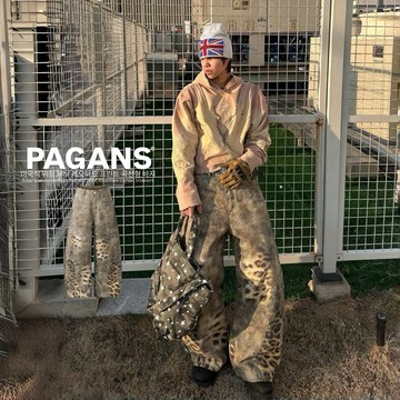 【PAGANS STORE】美式 復古 水洗 街頭 豹紋 結構 設計 牛仔 彎刀褲 牛仔褲 長褲