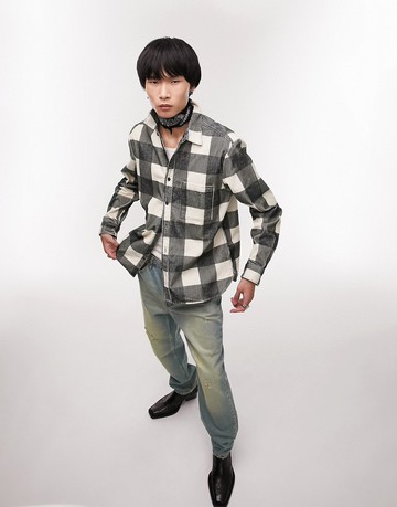 Topman long sleeve regular cord buffalo check shirt in khaki-Green