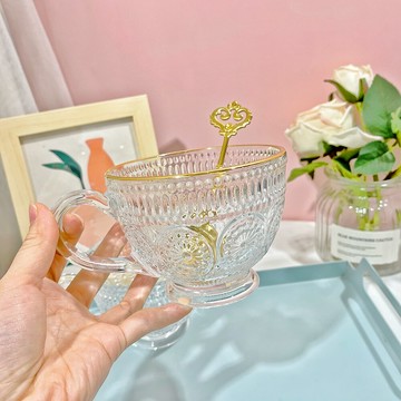 ins大容量早餐復古浮雕夢幻太陽花牛奶咖啡杯帶把清新燕麥玻璃杯