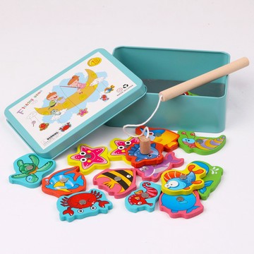 釣魚遊戲 木質鐵盒釣魚 磁性釣魚玩具 益智玩具