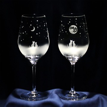 貓咪圖案酒杯 - 新月和滿月夜空酒杯一對