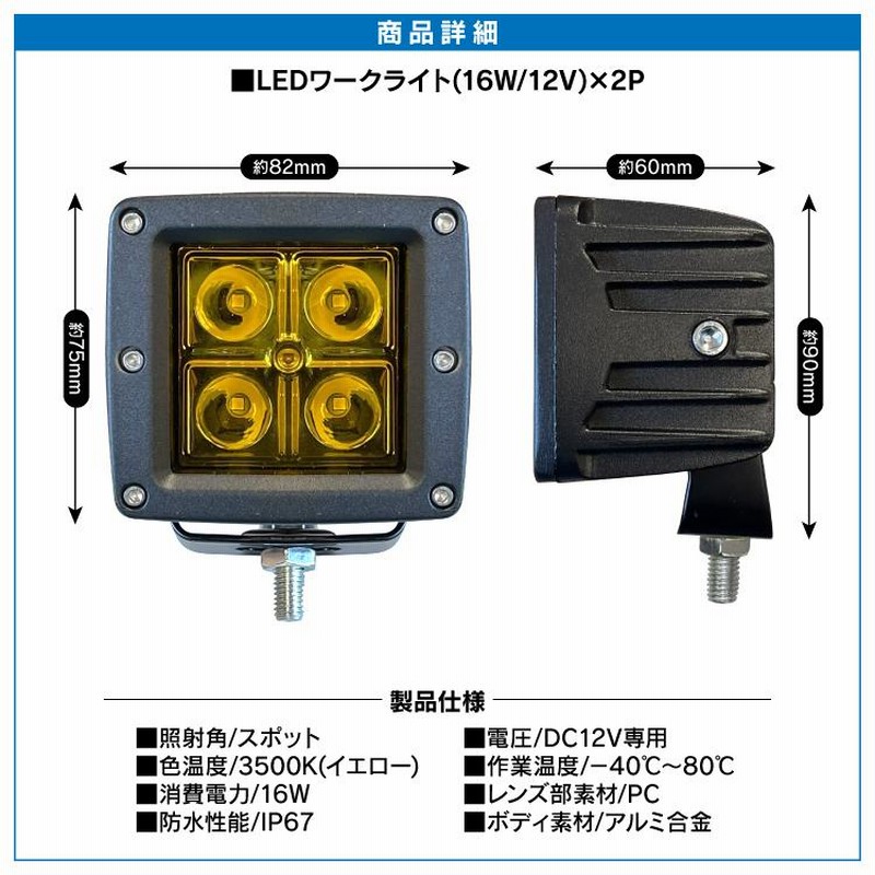 LEDワークライト 2P 12V/60W 角型 4灯 汎用 車 軽トラ 角度調整 作業灯