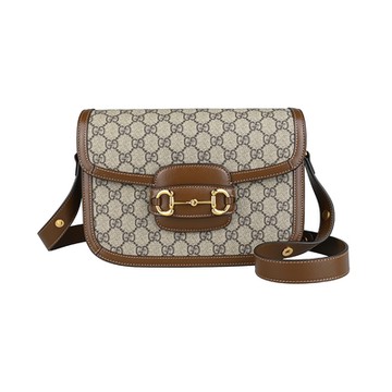 GUCCI 古馳  1955 Horsebit滿版雙G字LOGO帆布插銷掀蓋肩背/斜背包(小/米x烏木棕)