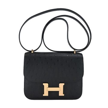 Hermes 愛馬仕 Constance 18cm Z刻 鴕鳥皮革斜背包(89黑/玫瑰金釦)