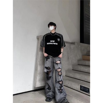 歐美高街褲子男夏季薄款大破洞牛仔褲oversize直筒闊腿美式乞丐褲