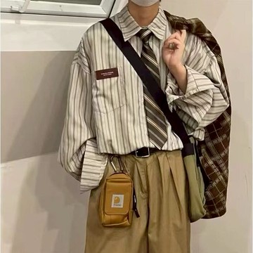 復古條紋長袖垂感襯衣 日系長袖襯衫 M~2XL 條紋長袖襯衫休閑 男女情侶款寬松 襯衣 外搭長袖外套 高CP值
