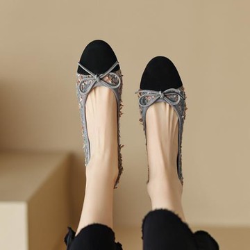 法式晚風粗花呢平底淺口奶奶鞋春季新款蝴蝶結拼色小香風真皮單鞋