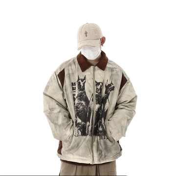 美式高街復古杜賓犬印花棉服男 秋季潮牌小眾寬鬆拉鍊外套男