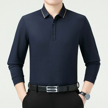 品牌羊毛長袖T恤男2025秋冬新款翻領純色高端桑蠶絲polo衫爸爸裝鑫弘-衣錦男裝