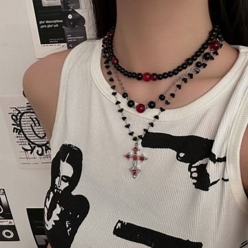 【台灣公司 可打統編】免運 哥特風多層紅色串珠十字架吊墜項鏈女小眾亞文化鎖骨鏈配飾飾品潮 可開發票 全館五折 工廠現貨直銷 新品特價 z9211