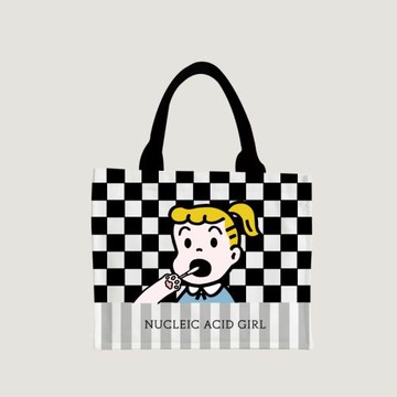 已做核酸女孩棋盤格子卡通可愛帆布包女小眾設計手提袋手拎電腦包