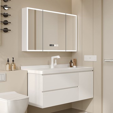 簡約奶油風浴室柜側邊收納陶瓷一體盆智能鏡柜洗漱臺洗臉洗手盆柜 y8051