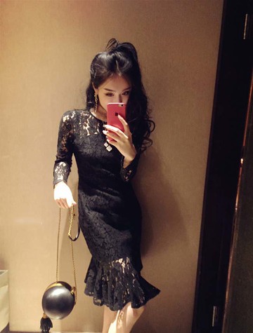 大碼女裝春秋新款圓領長袖中長款荷葉邊性感顯瘦魚尾蕾絲連衣裙1入