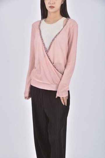 (S) wanko針織V領粉色長袖上衣