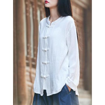 麻布女裝棉麻中國風禪意茶藝服裝復古盤扣上衣立領中式佛系衣服女