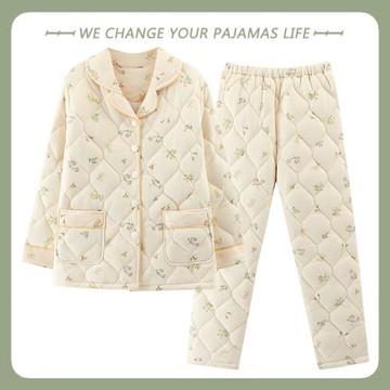 2025年純棉三層加厚夾棉襖睡衣女士秋冬季大碼保暖冬天家居服套裝