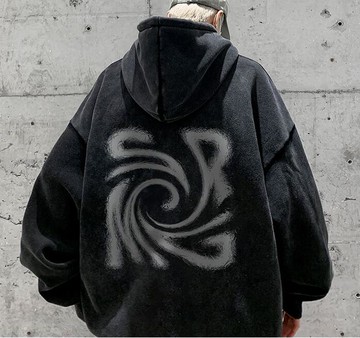 FINDSENSE X 2022 街頭時尚 男士 寬鬆大尺碼 復古洗水 旋轉圖案 連帽外套 上衣