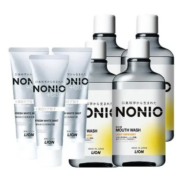 日本獅王NONIO終結口氣-晶燦亮白牙膏130gx3支+浸潤薄荷漱口水600mlx4瓶