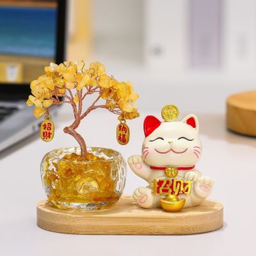 【匠俱】黃水晶發財樹 招財貓入戶玄關擺件 辦公桌面喬遷新居禮物(發財樹 招財擺件 好運 樹狀 創意)