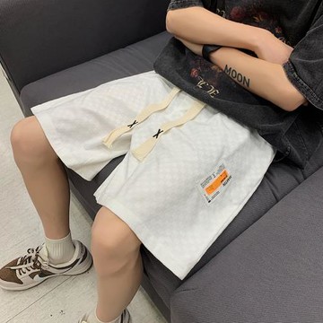 棋盤格短褲男美式貼標休閑籃球褲夏季五分褲直筒中褲寬松運動褲薄