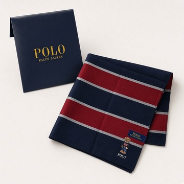 【RALPH LAUREN】POLO BEAR 小熊刺繡經典橫條紋純棉手帕領巾(海軍藍/紅色 48×48cm 日本製 附品牌紙袋)