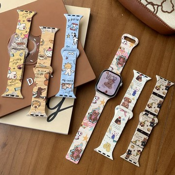 復古秋日卡通磁吸錶帶 印花硅膠潮流腕帶 適用 Apple Watch 11代 10 9 8 7 6 5 4 SE蘋果錶帶