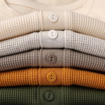 310G重磅美式華夫格亨利領長袖t恤女 簡約百搭米白色純棉打底衫秋