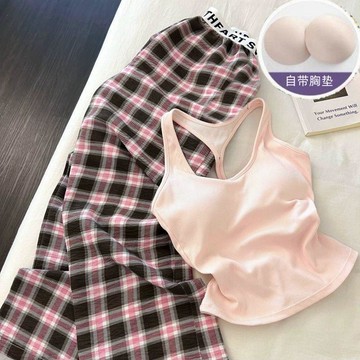 可可裡🌺韓系簡約ins撞色格紋帶胸墊背心睡衣女夏季可外穿休閒長褲套裝