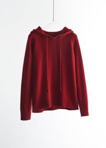 適合大人的休閒風格針織連帽衫 100% 羊毛 連帽 紅色 241005-2