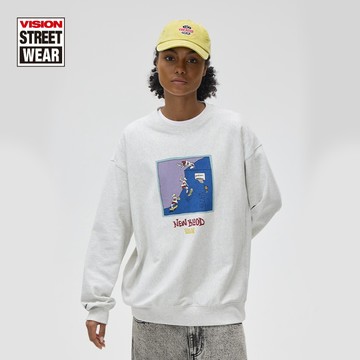 VISION STREET WEAR NEWBLOOD圖案 寬鬆拼接套頭圓領長袖T卹衛衣 男女同款 V251NB5009