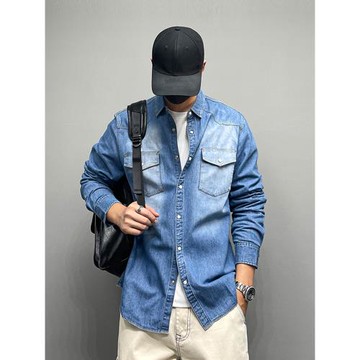 美式復古重工水洗牛仔襯衫春秋新款街頭潮牌男裝流行工裝長袖襯衣