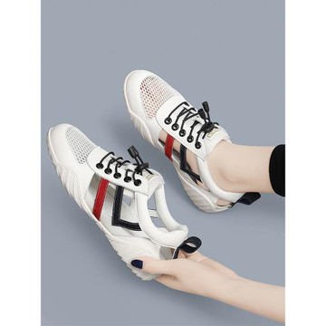 真皮小白鞋女2024年春夏季透氣鏤空涼鞋網面網鞋平底運動休閑百搭