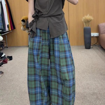 8371 位消費者😎復古格紋闊腿褲女高腰寬鬆顯瘦休閒夏季薄款時尚小衆直筒格子長褲B7