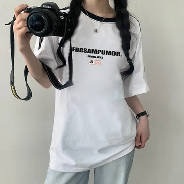 Vuja de 純棉 t恤 三條槓短袖上衣女 英文印花 T恤 韓國上衣 oversize T恤 寬鬆上衣 潮流衣服
