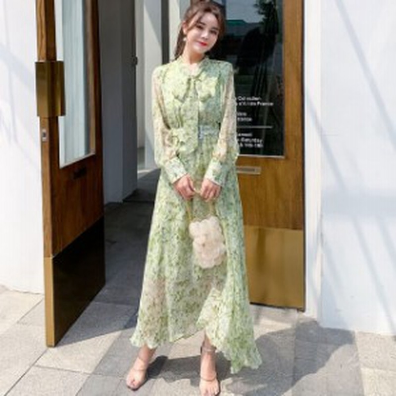 ロングワンピース 長袖 マキシワンピース 花柄の ワンピース パステルカラー 春秋 レディース リボンタイ ウェストマーク フェミニン 通販 Lineポイント最大1 0 Get Lineショッピング