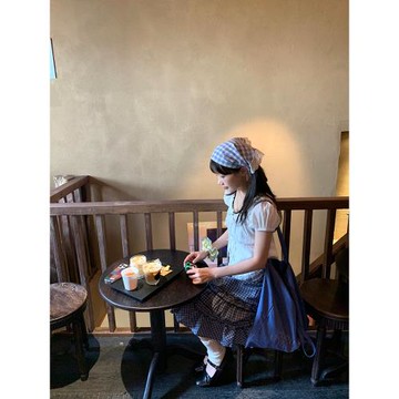 NIDEBLACK韓系少女夏日學院花邊拼接藍格子中裙女小個miu系半身裙