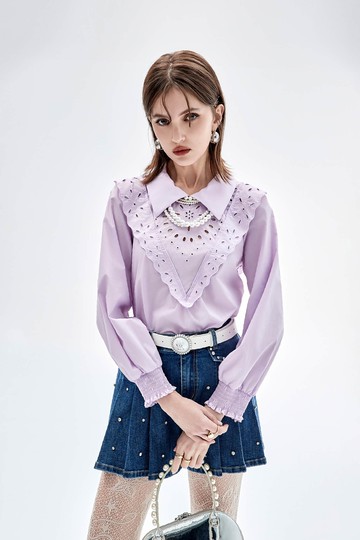 數字薰衣草色簍空繡花上衣